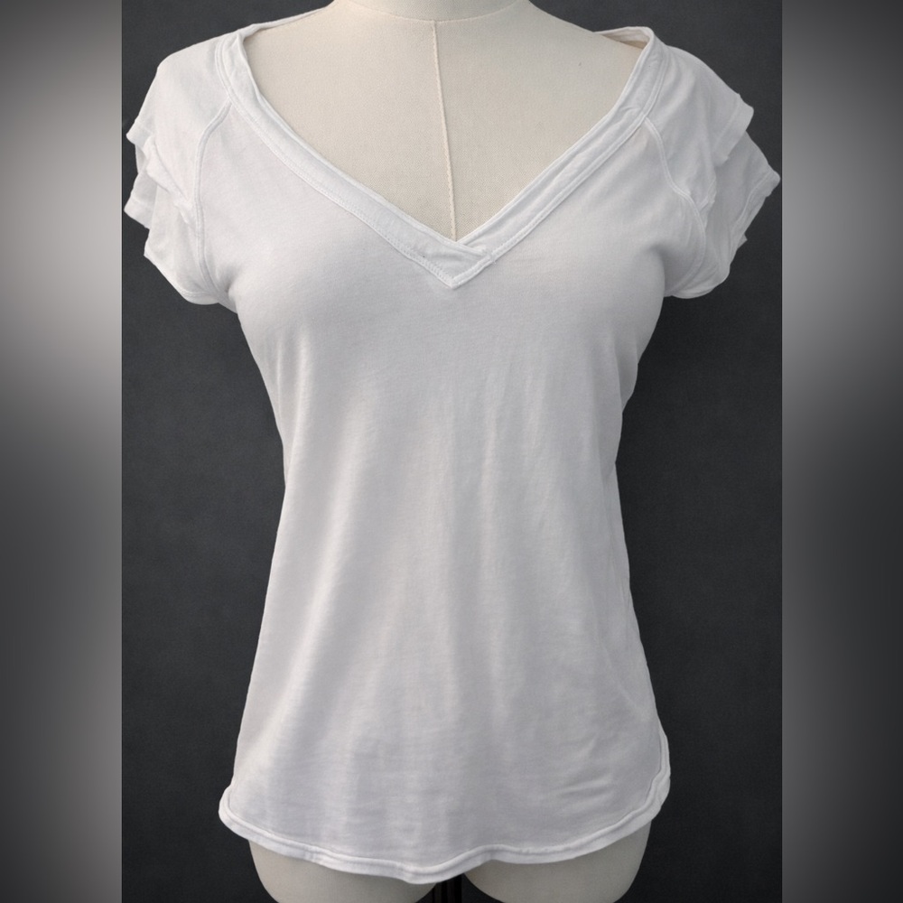 Maeve by Anthropologie White V-Neck Flutter Sleeve Tee XS Small Soft Cotton